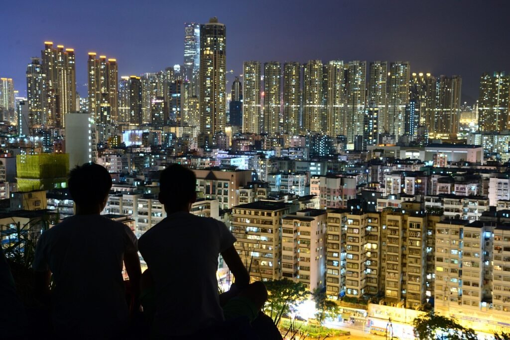 stedelijk, maan, stad, skyline, landschap, stadsgezicht, maanlicht, city at night, gebouw, hongkong, heren, stemming, gesprek