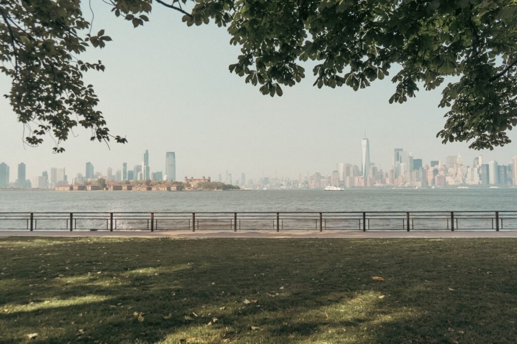 Rustig uitzicht op de skyline van New York City aan de overkant van de rivier vanuit een park vol groen.
