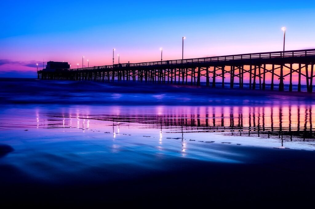 newport strand, californië, zonsondergang, schemering, lucht, wolken, zee, oceaan, reflecties, lichten, buitenshuis, vakantie