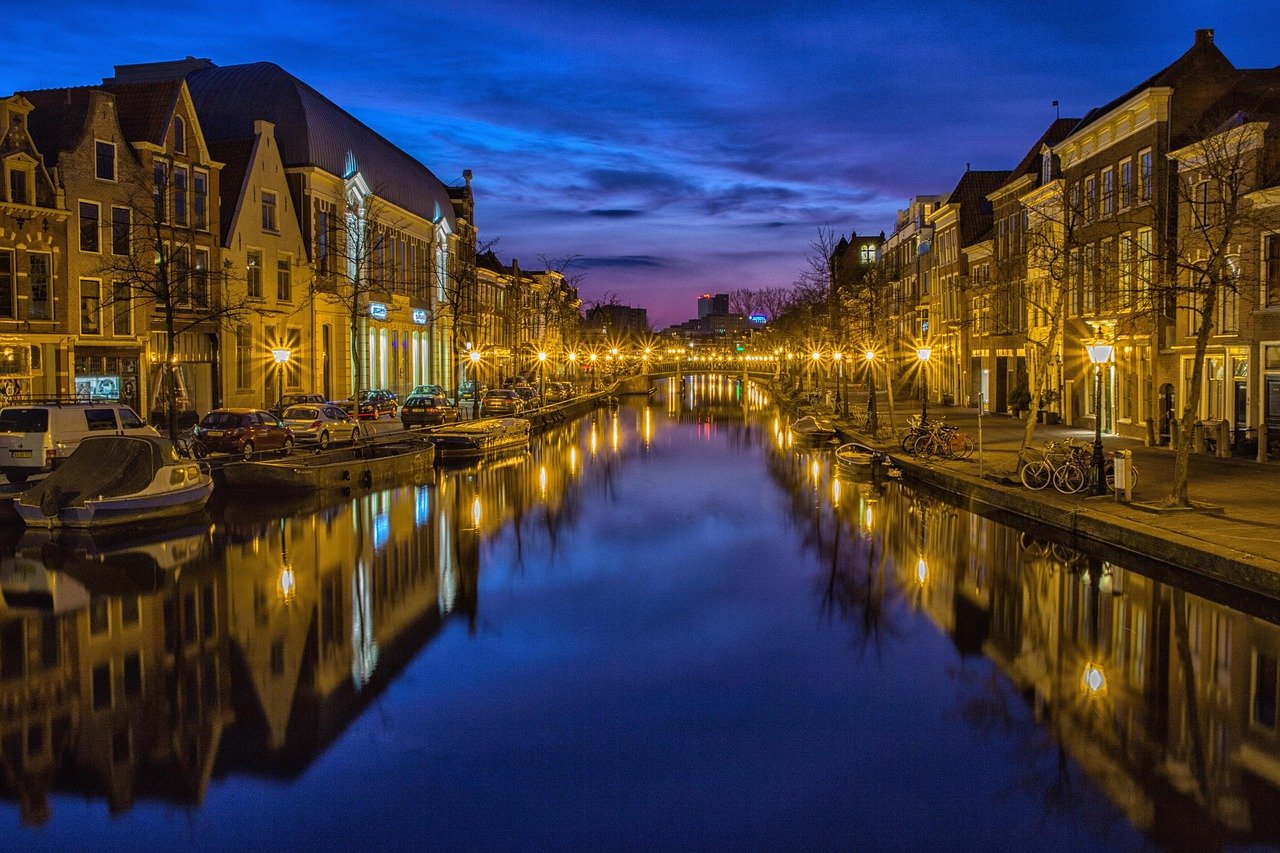 canal, buildings, city, waterway channel, water, water reflection, lights, lighting, night, evening, urban, houses, blue hour
