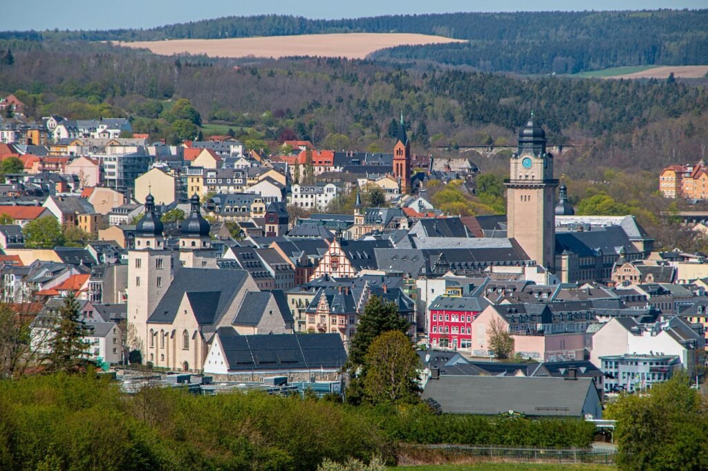 stadhuis, kerk, weergave, saksen, city center, land, natuur, bergen, centrum, plauen