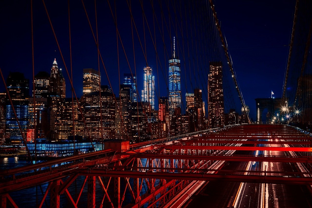 brooklyn bridge, new york city, nacht, lichten, stadsgezicht, stedelijk, skyline, manhattan