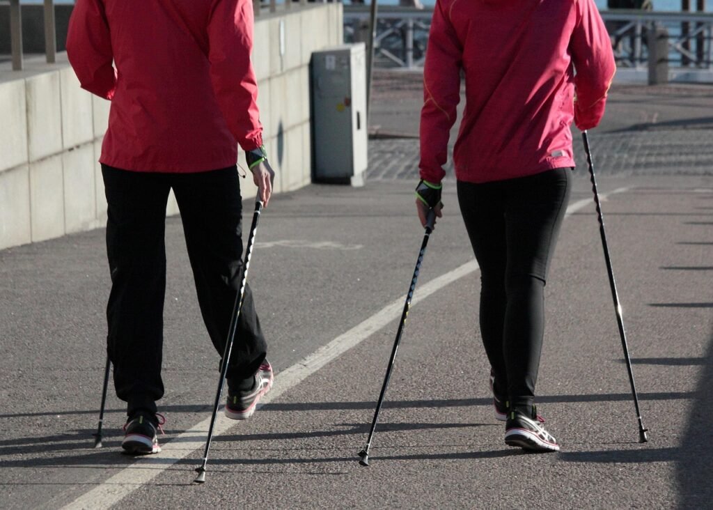 nordic walking, zomer, fitness, sportkleding, natuur, stad, wandelstokken, finse fitness, roze, mens, oefening, sport, schoen