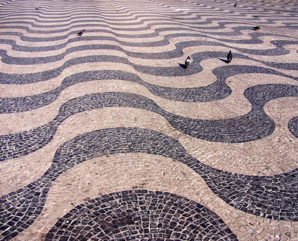 straat, tegels, patroon, bestrating, duiven, marmer, mozaïek, stadsplein, city center, stad, lissabon, portugal