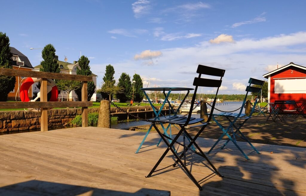 tafel, stoelen, natuur, coffeeshop, terras, zitplaatsen, haven, kai, pier, water