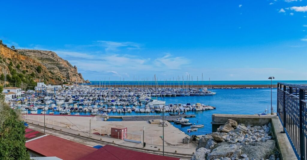 boten, haven, klif, zee, terras, lucht, weergave, landschap, vakantie, panorama, natuur, horizon, jávea, mediterraan, spanje