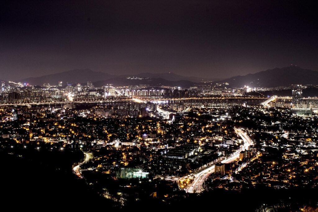 nacht, stad, city at night, stadsgezicht, reizen, mijlpaal, metropolis, seoel, korea, zuid korea