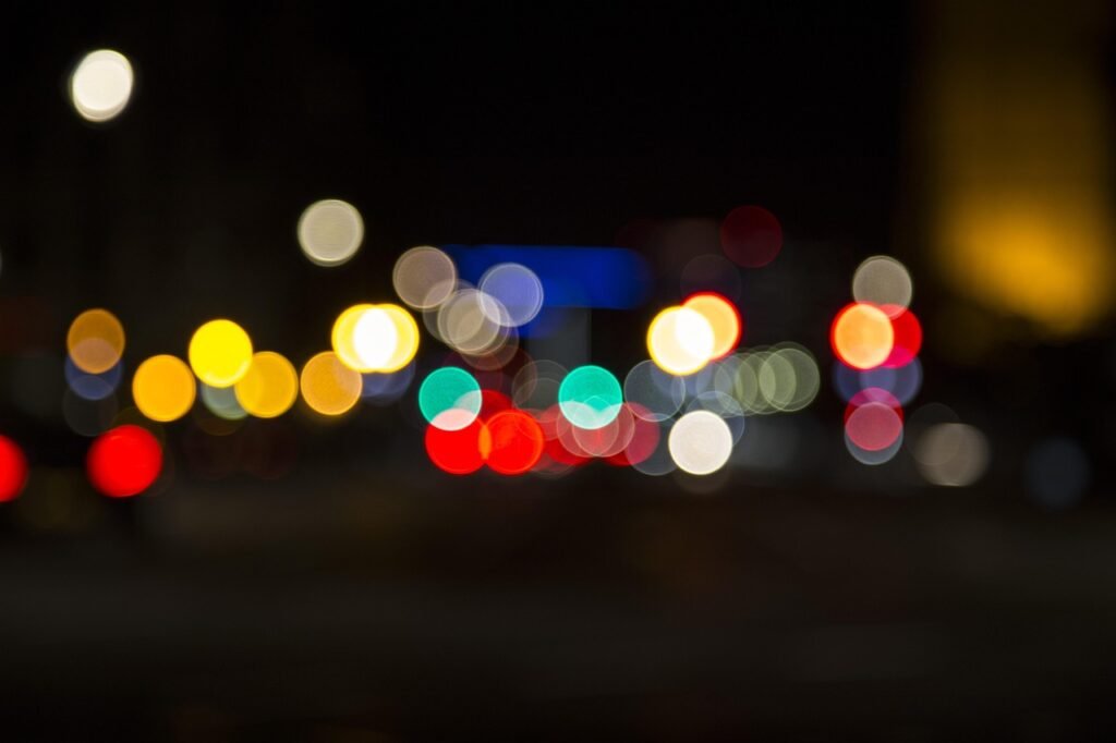vervagen, bokeh, lichten, donker, nacht, avond, duisternis, stad, cirkels, afstand, focus, vervaagd, schemering, lucht, dorp,